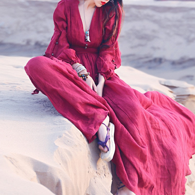 long sleeve hippie maxi dress Khale Yose Autumn Bohemian Dress Long Sleeve Vintage Hippie Women Maxi –  FASHION DESIGN ROOM