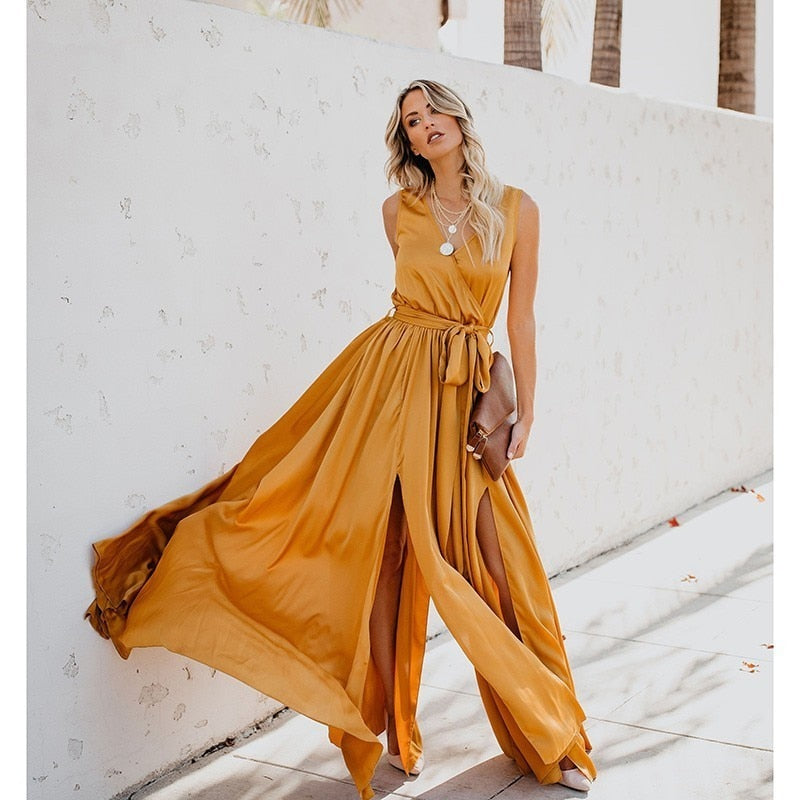 Yellow Boho Beach Dress Summer Belt Split Long Maxi Dress  Bohemian Style