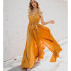 Yellow Boho Beach Dress Summer Belt Split Long Maxi Dress  Bohemian Style