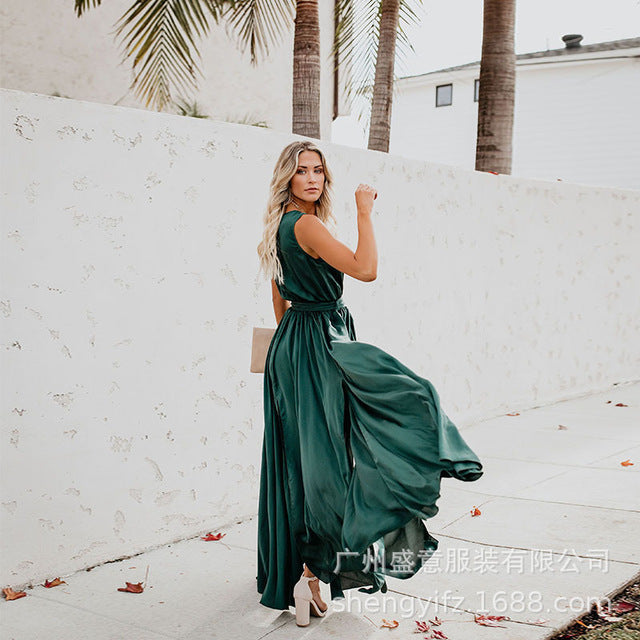 Yellow Boho Beach Dress Summer Belt Split Long Maxi Dress  Bohemian Style